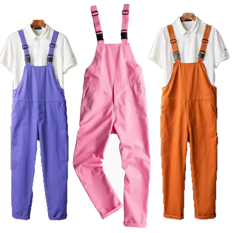 

Summer New Men's Bib Overalls Jumpsuits Motor Biker Jeans Pants Trousers Male candy color Casual Long Pants Clothing cargo pants