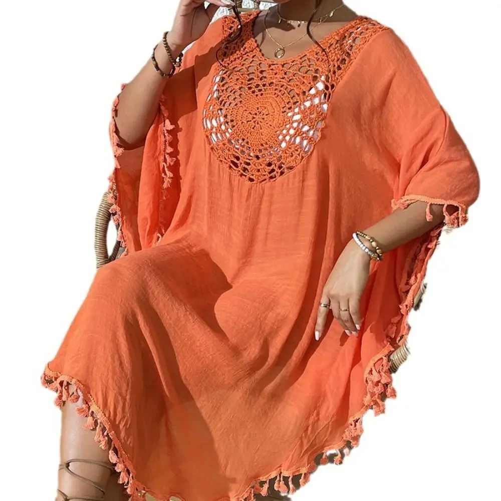 Fashion Square Neck Summer Sunscreen Smock Loose Hollow Out Beachwear Shirt Bathing Suit Casual Bikini Cover-Ups for Women