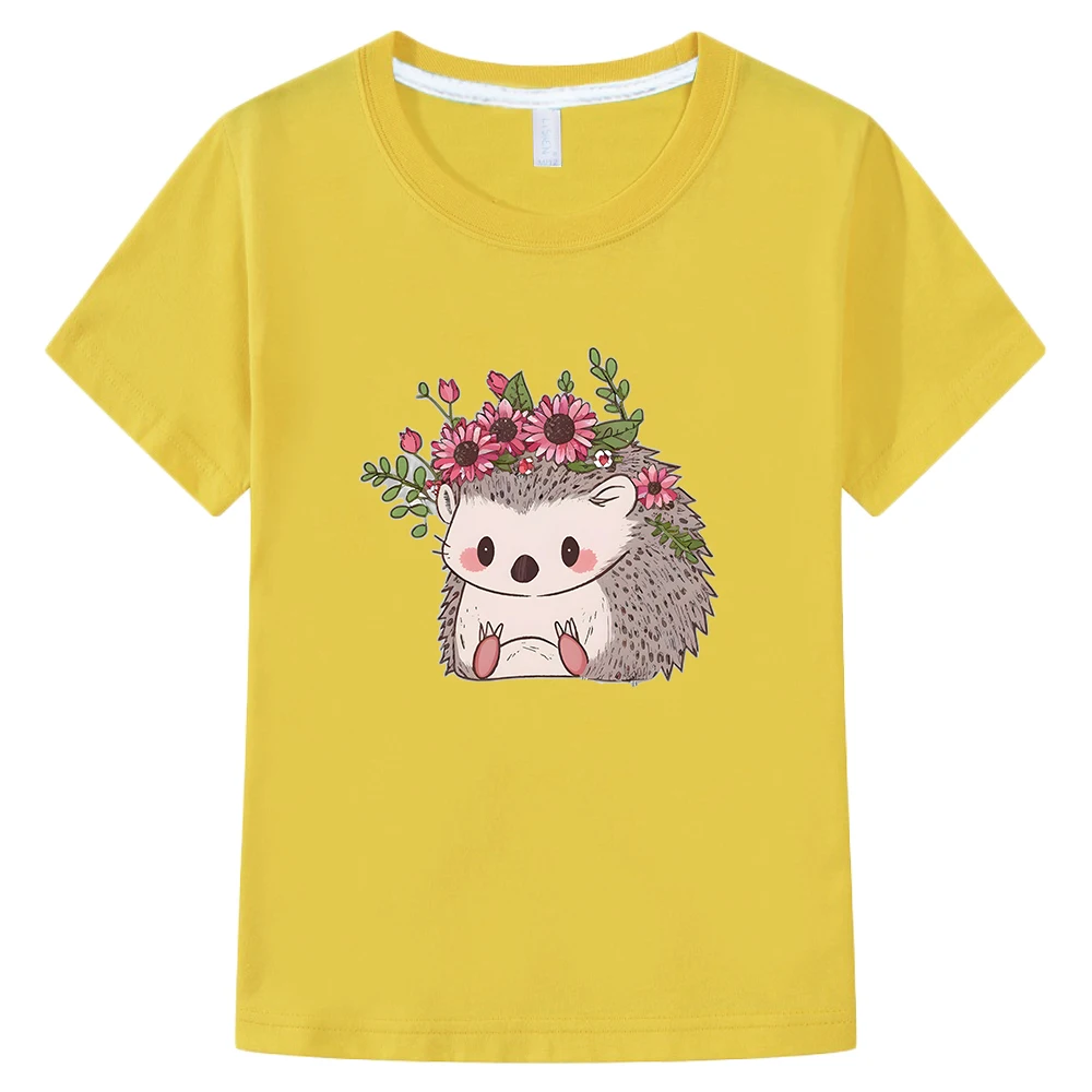 Kawaii Animal Hedgehog Printing T-shirt Kawaii Cartoon Graphic Printed Tee-shirt 100% Cotton High Quality Children Tees Boy Girl