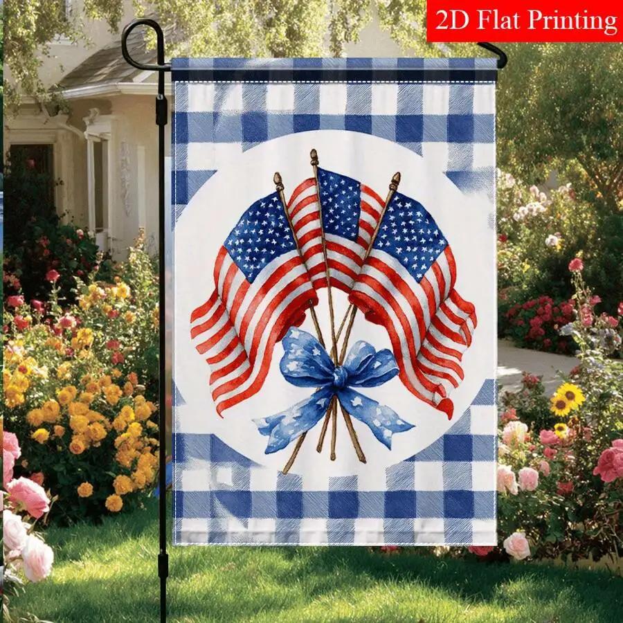 

1Pc Vintage Checkered Garden Flag 2D Flat Crossed Flag Blue Bow Polyester Single Sided for Father's Day Holiday Yard Decor