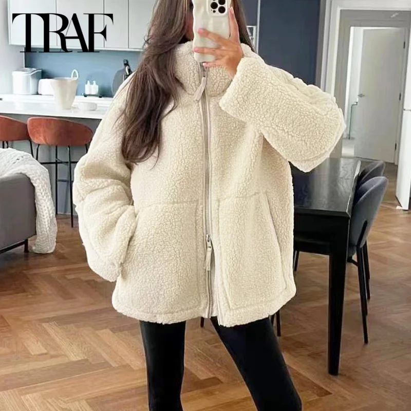 TRAF Women\'s Outerwears 2024 Autumn Winter Elegant Coats Ladies Fashion Casual Long Sleeve Fleece Beige Plus Size Winter Coats