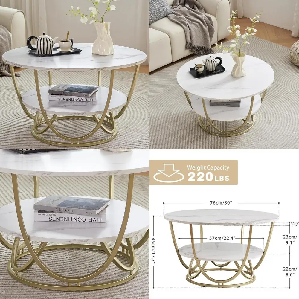 30 Inch Modern Living Room Coffee Table with Storage, Wooden Top and Marble White Print