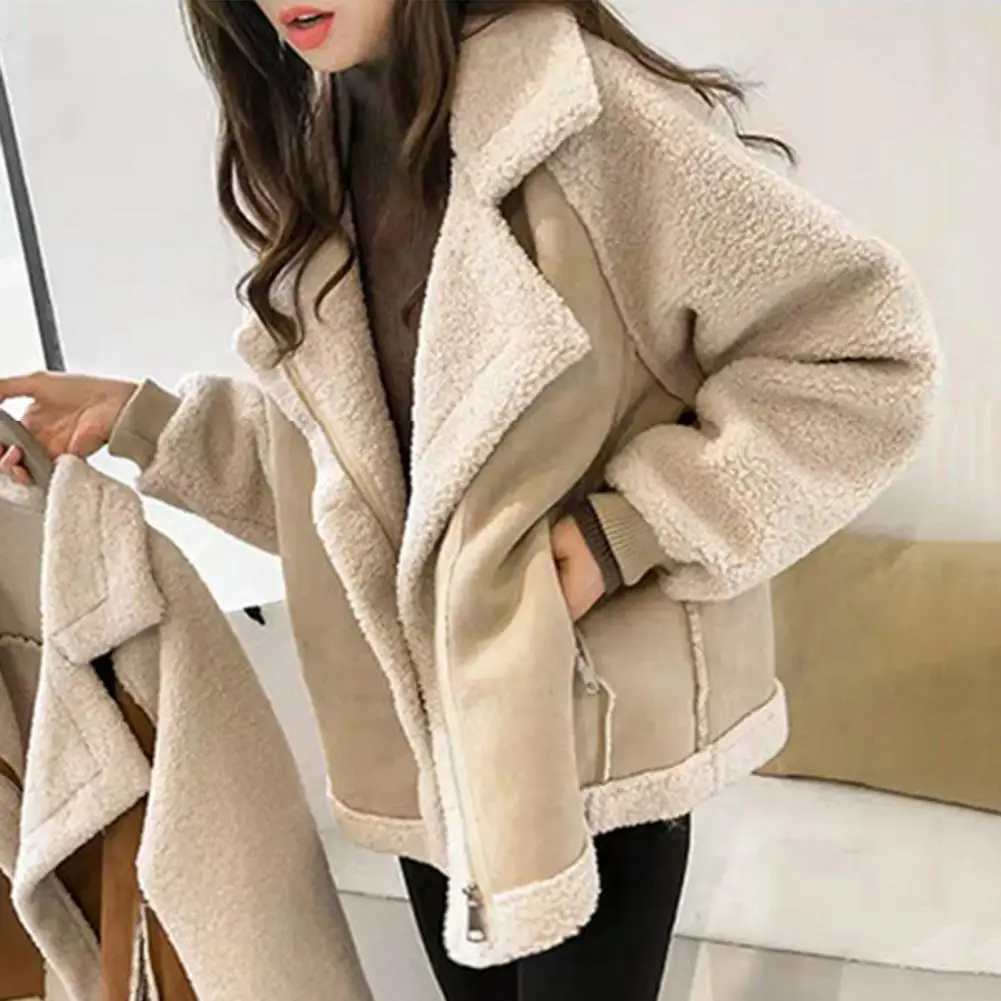 

Women Lapel Collar Coat Lambswool Velvet Coat Stylish Lambswool Windproof Coat with Zippered Pockets for Women Warm Winter