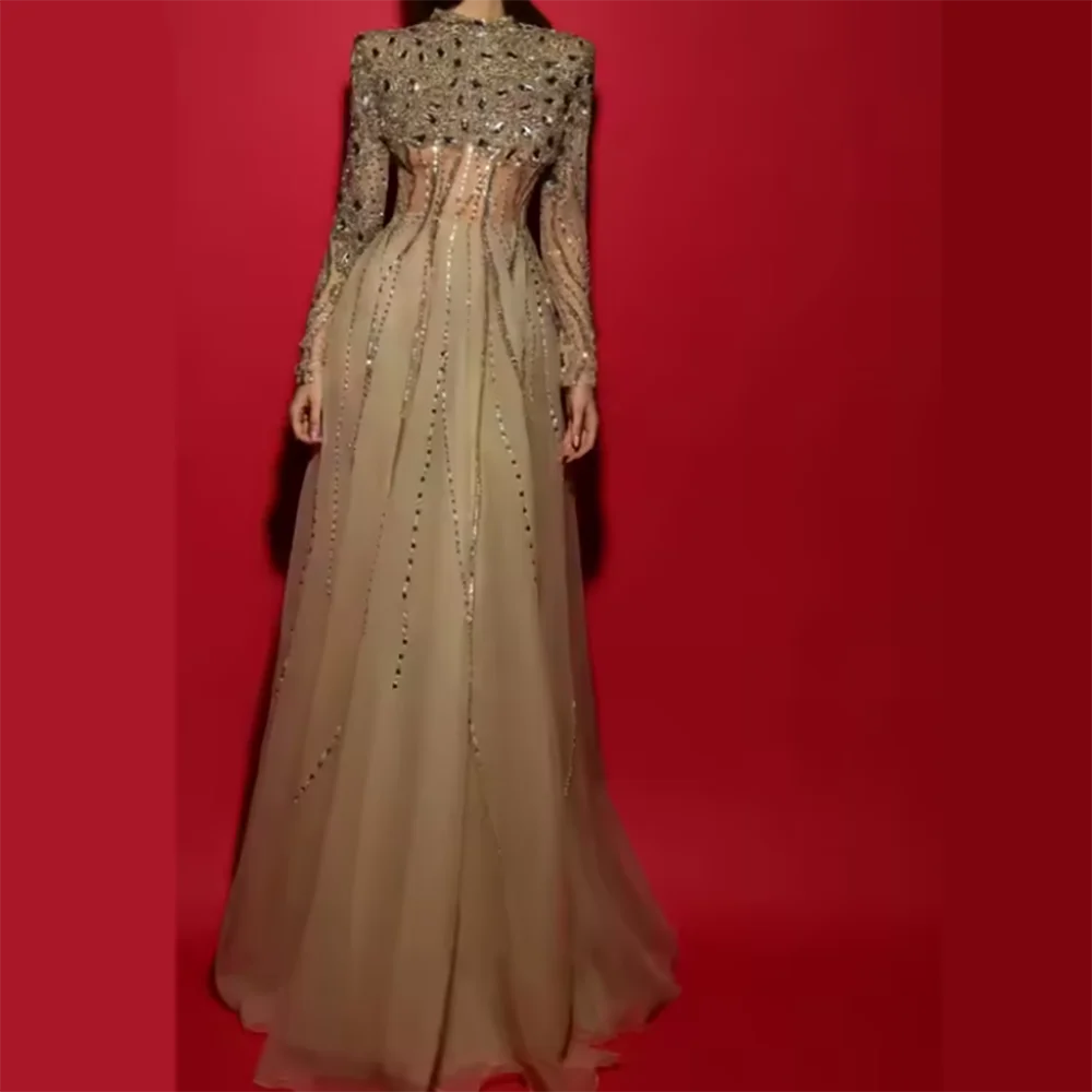

Elegant High Collar Appliquins Full Sleeve Pleat A-Line Formal Evening Dresses Birthday Party Prom Gowns Customized
