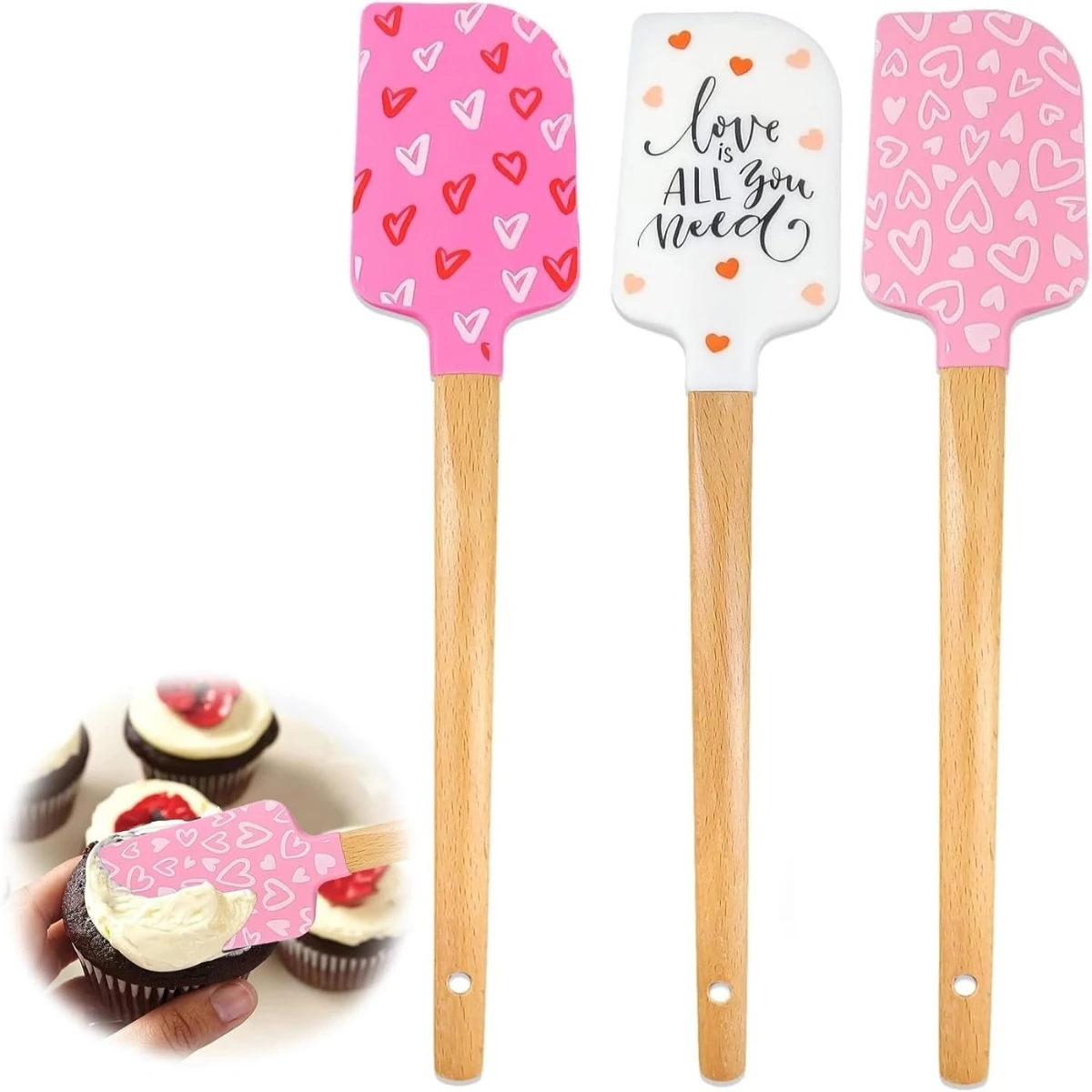 3Pcs Silicone Spatula Set with Wooden Handles Food Grade Non-Stick for Cooking Baking Mixing Spreading Heat Resistant Tools