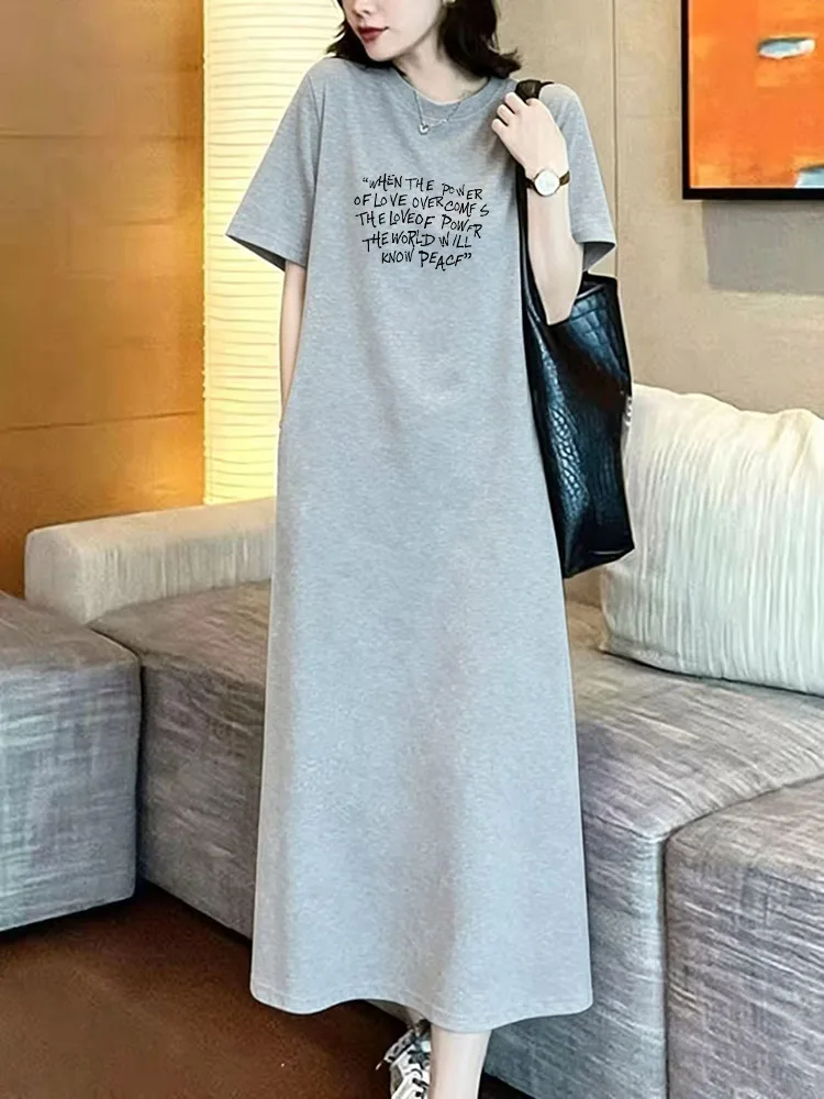 American Lazy Style Short Sleeve T-Shirt Dress Summer plus Size Loose Slimming Knee-Length Casual Long Skirt Women's Dress