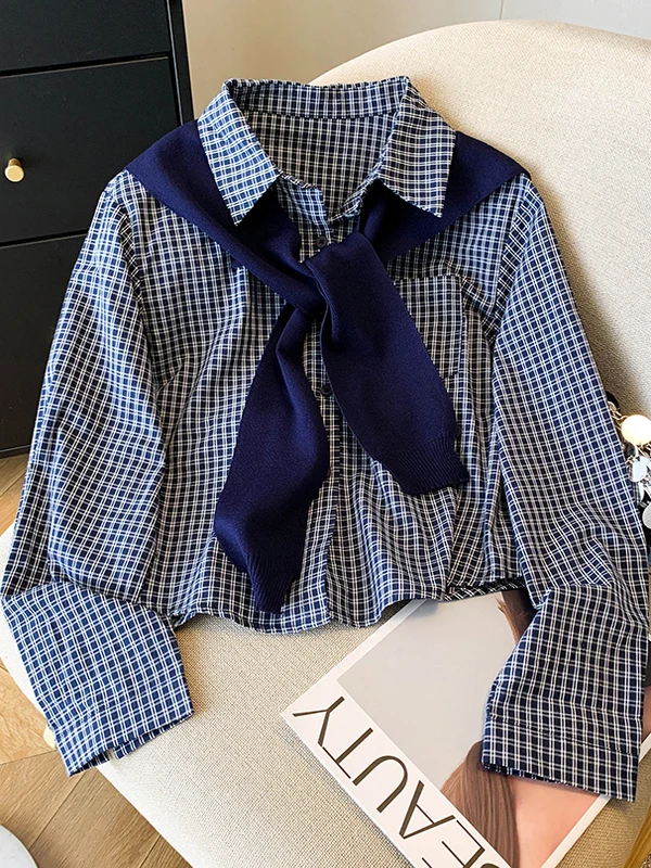 

Синяя женская рубашка в клетку премиум-класса, модный дизайн в корейском стиле, свободный крой, длинный рукав, осенняя новинка, модный топ