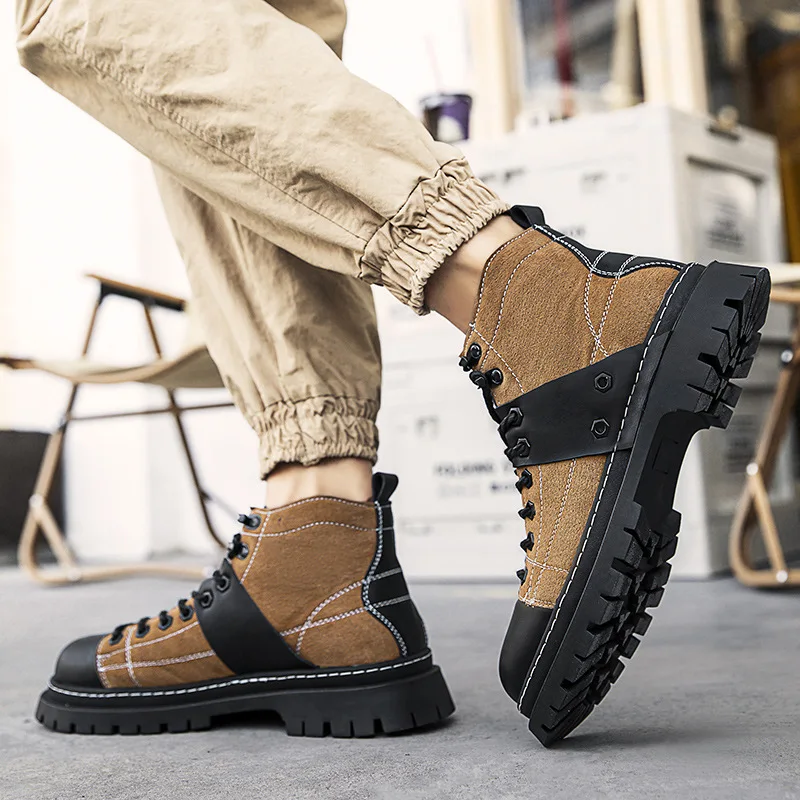 

Retro Platform Couple High-top Boots Outdoor Thick Sole Tooling Boots Comfort Casual Big Head Leather Boots for Man Botas Hombre
