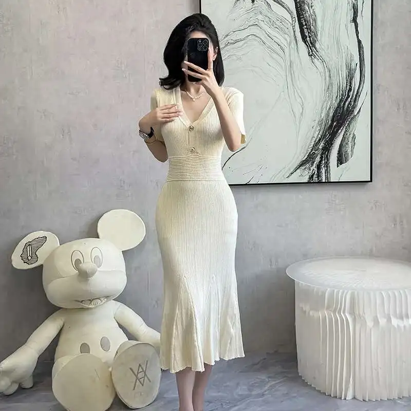 2025 nowa dzianinowa letnia sukienka na imprezę kobieta moda na co dzień z krótkim rękawem Bodycon syrenka długie sukienki Vestidos Largos szaty