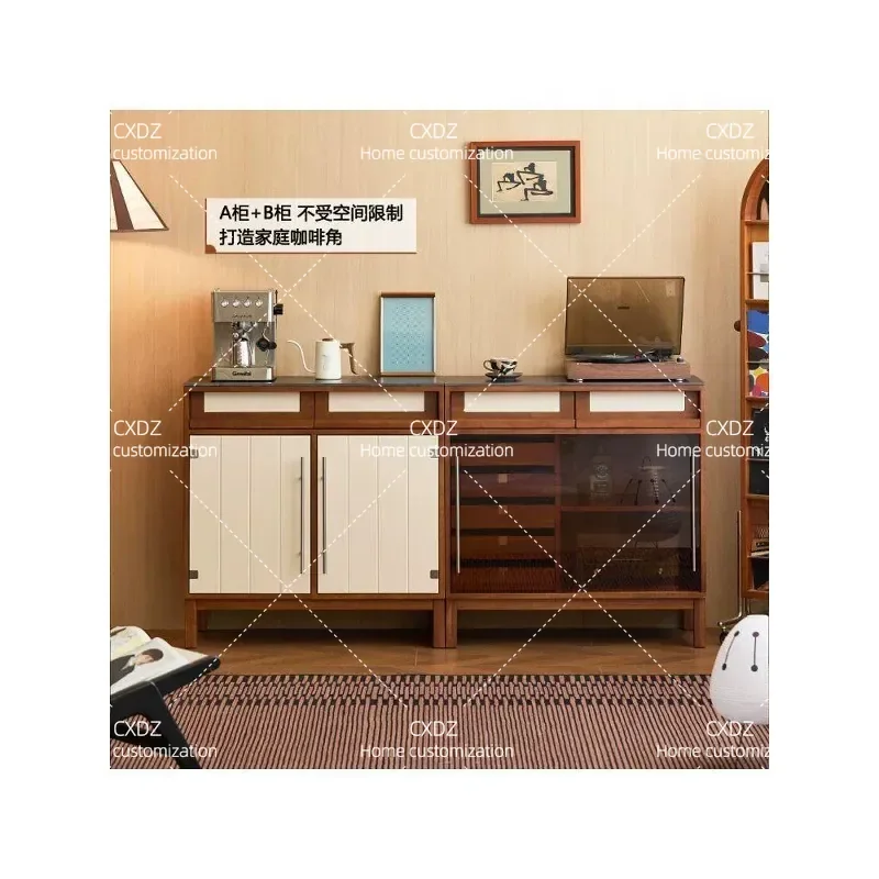 Retro Solid Wood Dining Side Cabinet Combination Integrated Wall Storage Unit Living Room Floor to Ceiling Tea Display