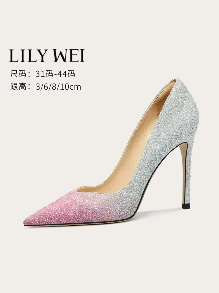 

Spring pointed light color block rhinestone low-heel wedding shoes thin high-heeled banquet large size small size women's shoes