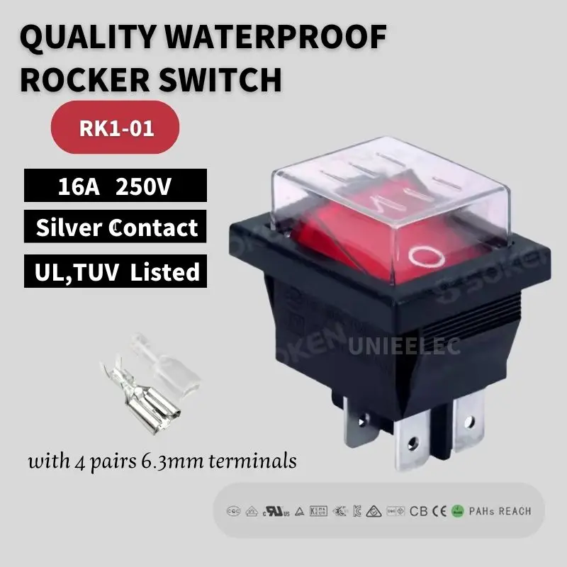 20pcs/lot Uniteelec-Soken Quality Red/Green Light DPST ON-Off  Waterproof Rocker Switch RK1-01  4 Pins 16A/250V UL TUV List