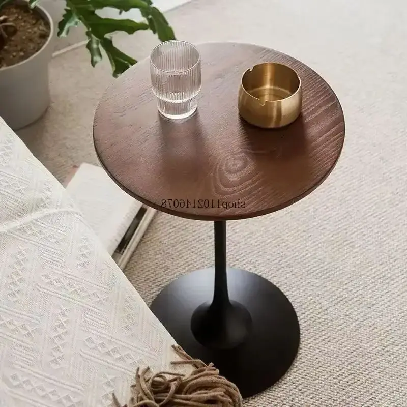 Solid Wood Sofa Side Table White Wax Wood Small Round Table Nordic Creative Bedside Table Golden Metal Frame Coffee Table for