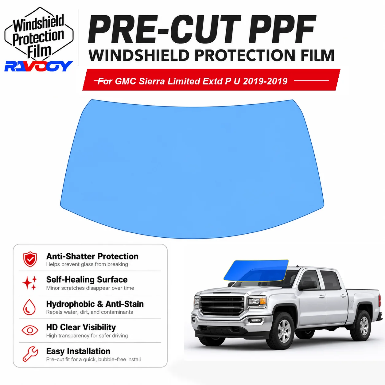 RAVOOY Pre-Cut Front Windshield Protection Film For GMC Sierra Limited Extd P/U 2019-2019 6.5mil Clear TPU UV Blocking Tool Kit