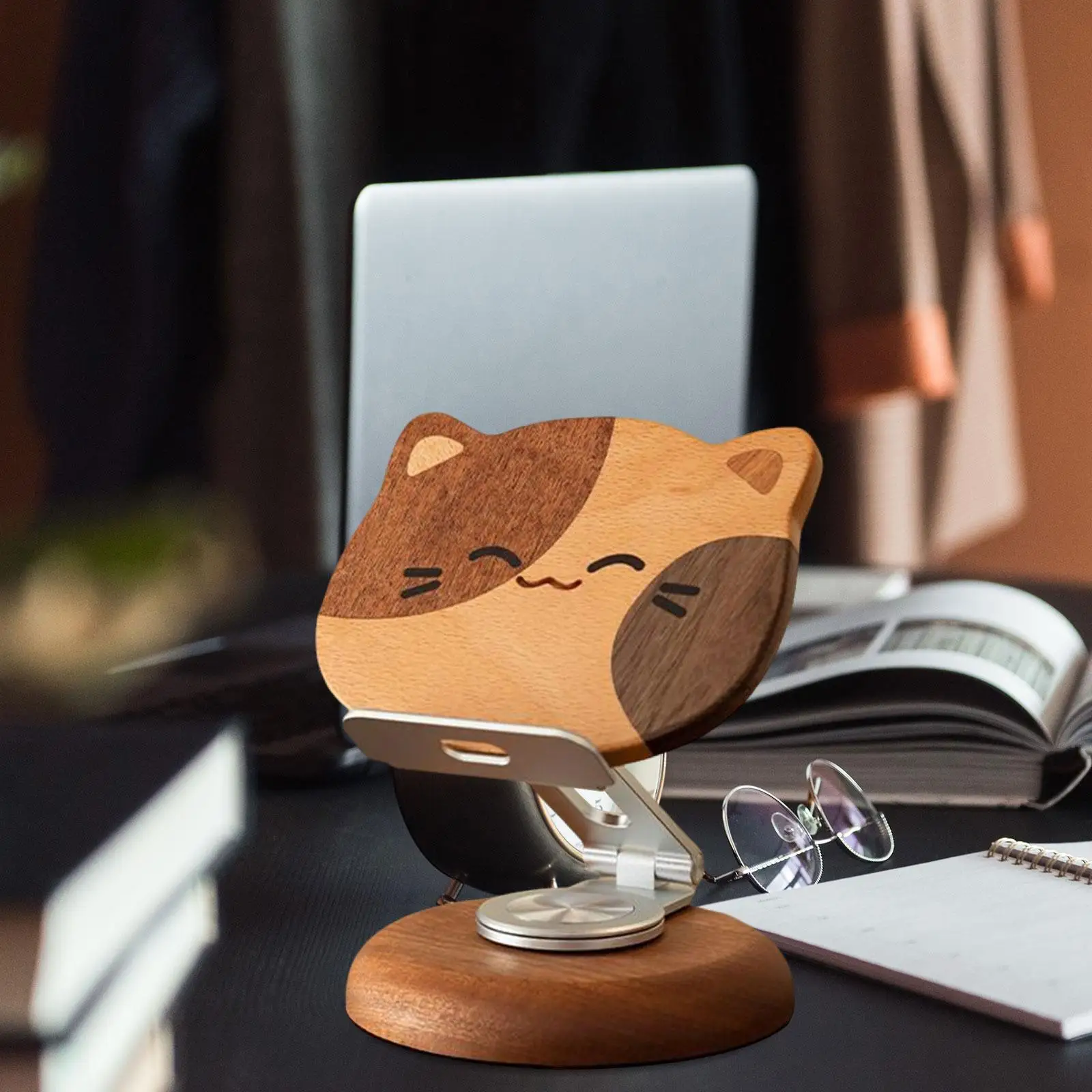 แมวไม้เดสก์ท็อปผู้ถือโทรศัพท์น่ารัก Universal ของขวัญหมุนได้ 360 องศาแบบพกพา Lazy Bracket ขาตั้งแท็บเล็ต Tabletop เครื่องประดับ