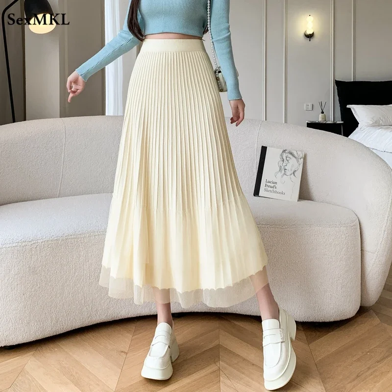 

Autumn Winter A Line Long Skirts Women Elegant Fashion High Waist Faldas Largas Korean Style Casual Knitted Pleated Midi Skirt