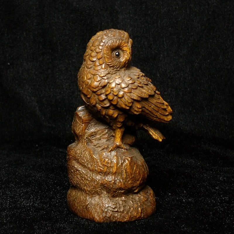 

YIZHU CULTUER ART Size 8 cm Chinese Boxwood Wood Hand Carved Owl figurine Statue Old table Ornament Gift Collection