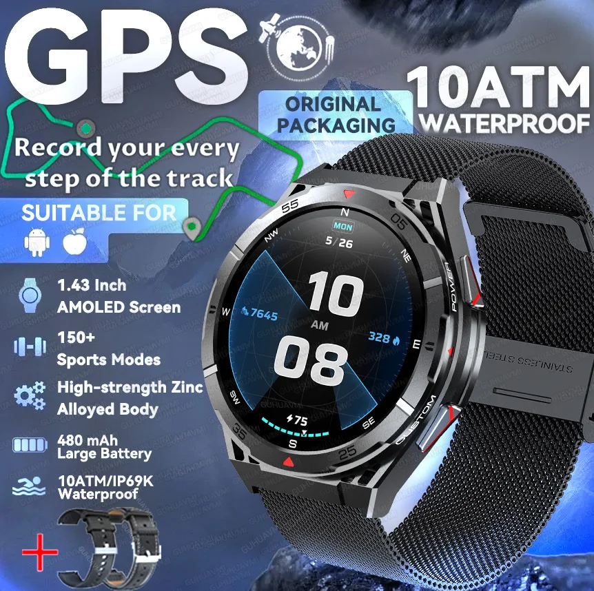 2025 GUHUAVMI GPS Professionelle Outdoor-Übungs-Smartwatch 1,45 Zoll Ultra HD integrierter GPS-Kompass BT-Anrufe 480 mAh Gesundheitstestuhr 5