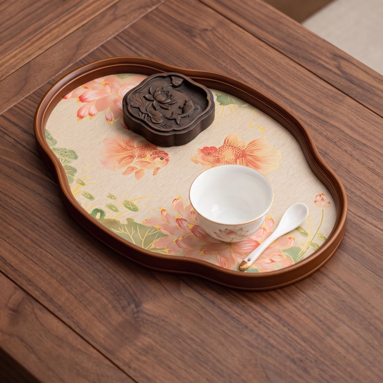 Plateau ovale avec bord en bois, plateau de service pour le thé, plateau de table basse texturé et élégant pour les hôtes, table, salon
