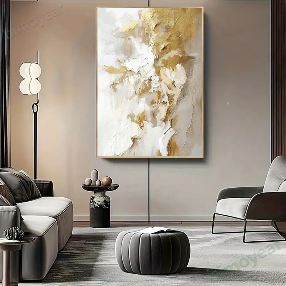 

100% hand drawn white gold color abstract oil painting original wall painting home living room decoration paint interior aesthet