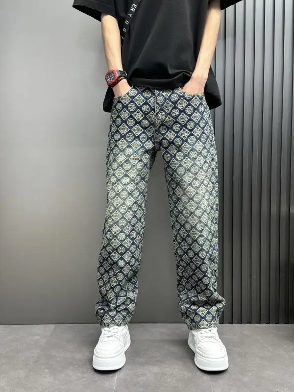 

Мужские джинсы свободного прямого кроя в стиле ретро-американский стритстайл с цветочным принтом, универсальные, повседневные, весенние, из хлопкового денима