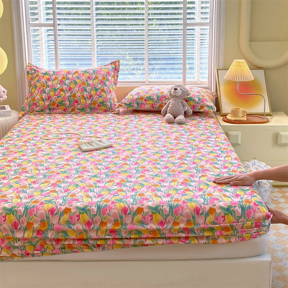 100% Cotton Bedsheet Floral Style Bed Cover Adults Kids Room Fitted Sheet Skin-friendly Bed Linen Drap De Lit (No Pillowcase)