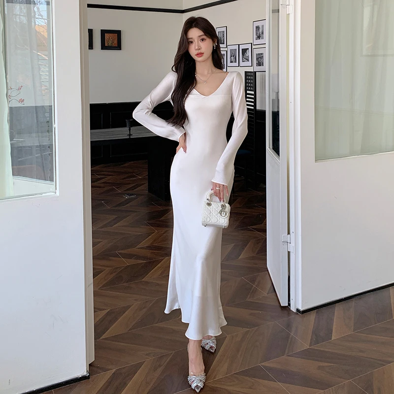 Temperament Autumn Satin White One Piece Long Dress New Elegant Women V Neck Slim Waist Full Sleeve Bodycon Party Clothes Robe