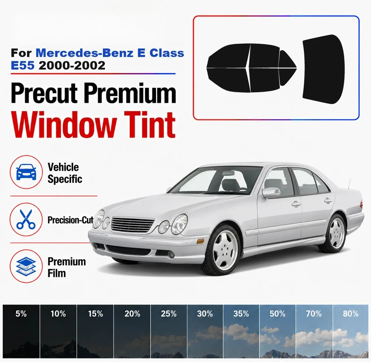 Premium Precut Window Tint Kit Front Rear Windows Rear Windshield For Mercedes-Benz E Class E55 2000-2002 Nano Ceramic Film