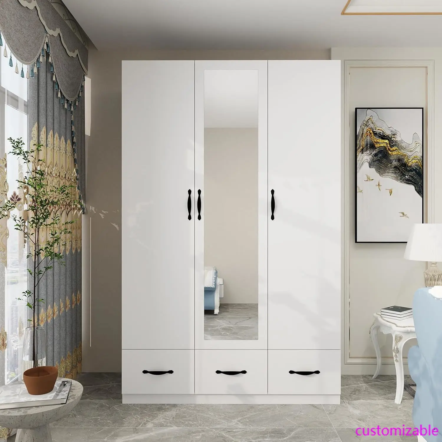 Wood Wardrobe Closet with Mirror: 3 Door Bedroom Armoires and Wardrobes with 3 Drawers, White Tall Wardrobe Closet Cabinet