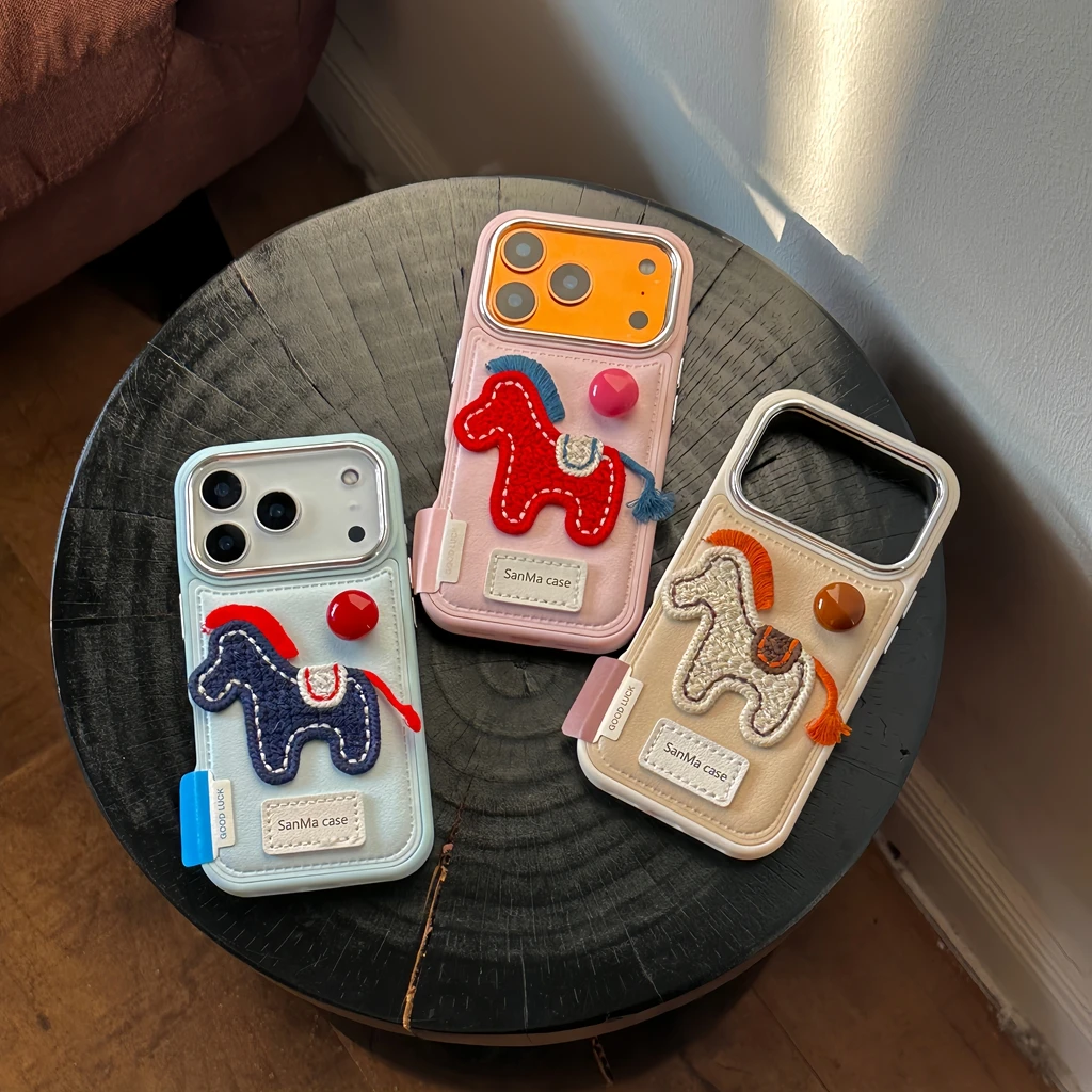 

Искусственная кожа стереоскопической вышивкой пони геометрический круглый шар защитный чехол для телефона для iPhone 17, 16, 15, 14 Pro Max