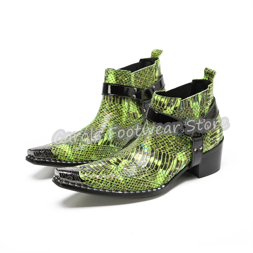 

Rivet Decor High Top Belt Buckle Boots for Men Handmade Genuine Leather Chelsea Boots Male Metal Square Toe Chunky Heel Boots