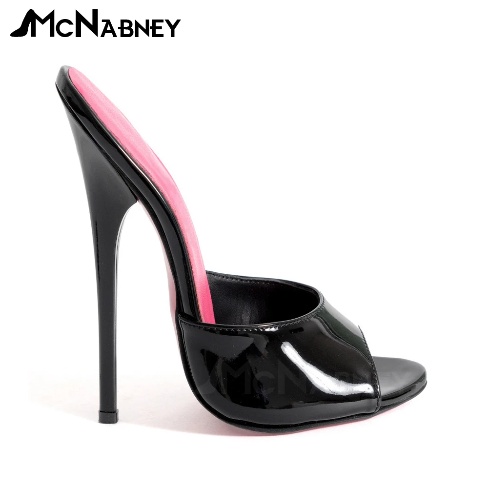 Extreme High Heeled Peep Toe Mules Black Patent Leather with Pink Slippers Sexy Summer High-Heeled Sandals Large Size for Women