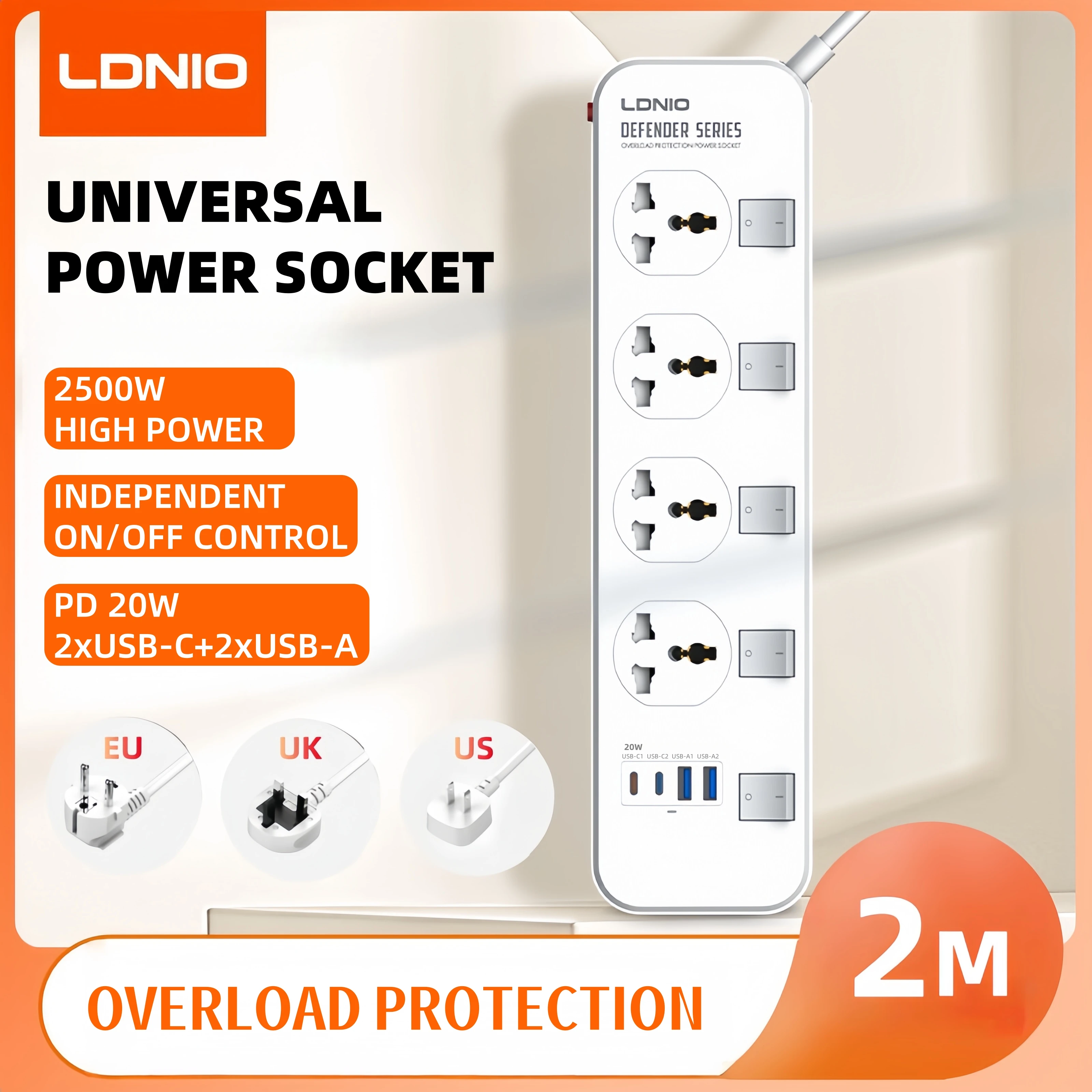 LDNIO Extension Multiple Universal Ruler Outlet UK US EU Plug 2M Electric Extension Board With Usb C Switch Socket Power Strips