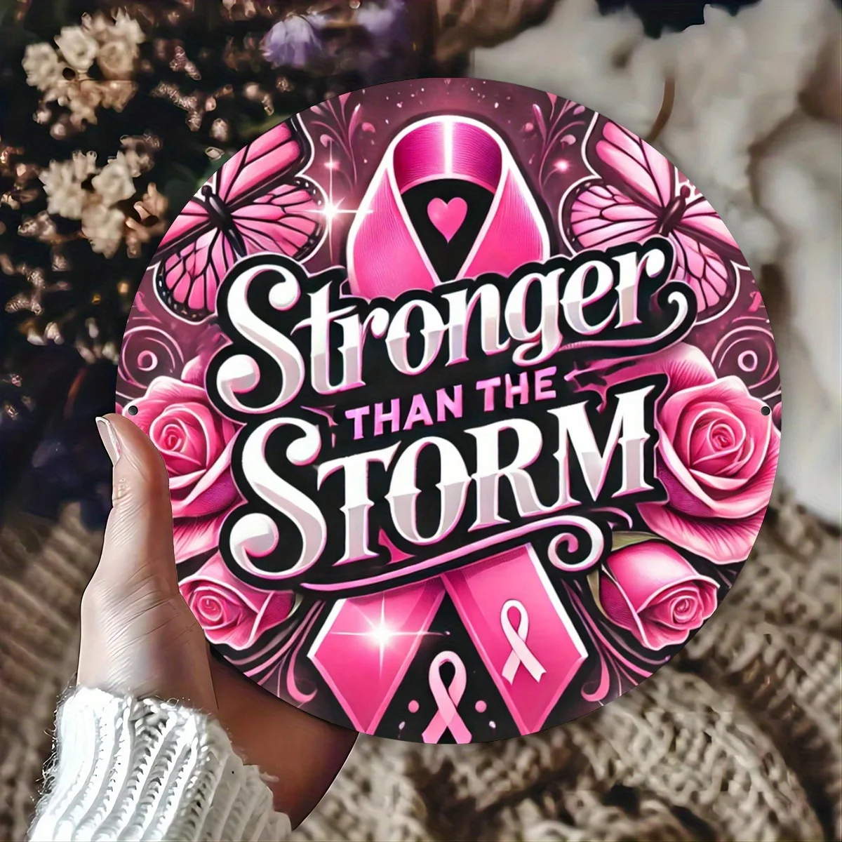 Breast Cancer Awareness Ribbon Metal Sign - Round Wall Decor Suitable for Bars, Cafes, Clubs & Room Decor - Durable Ribbon