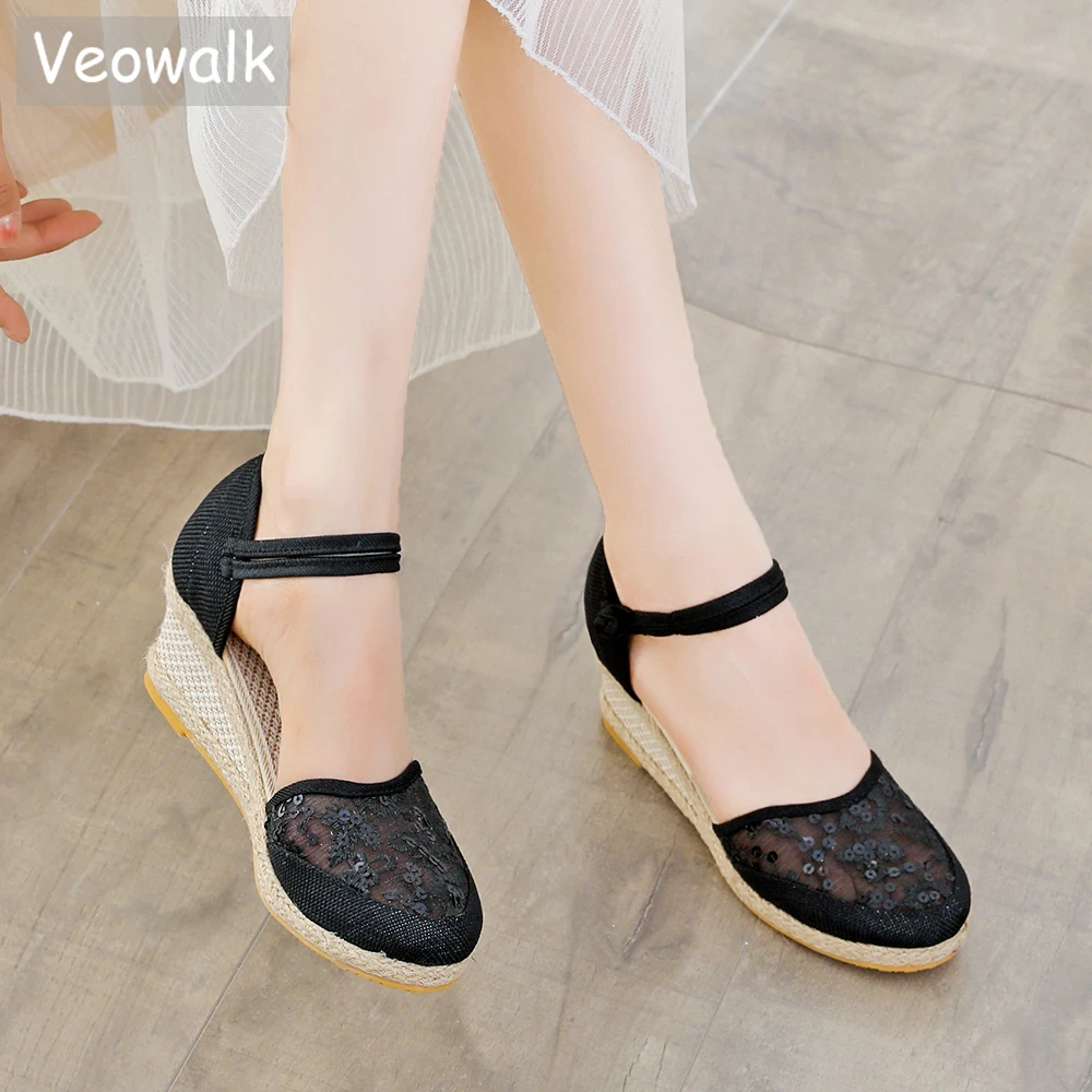 Veowalk sandali espadrillas con zeppa tacco alto 6cm in cotone di lino da donna cinturino alla caviglia da donna fatto a mano estivo scarpe Casual