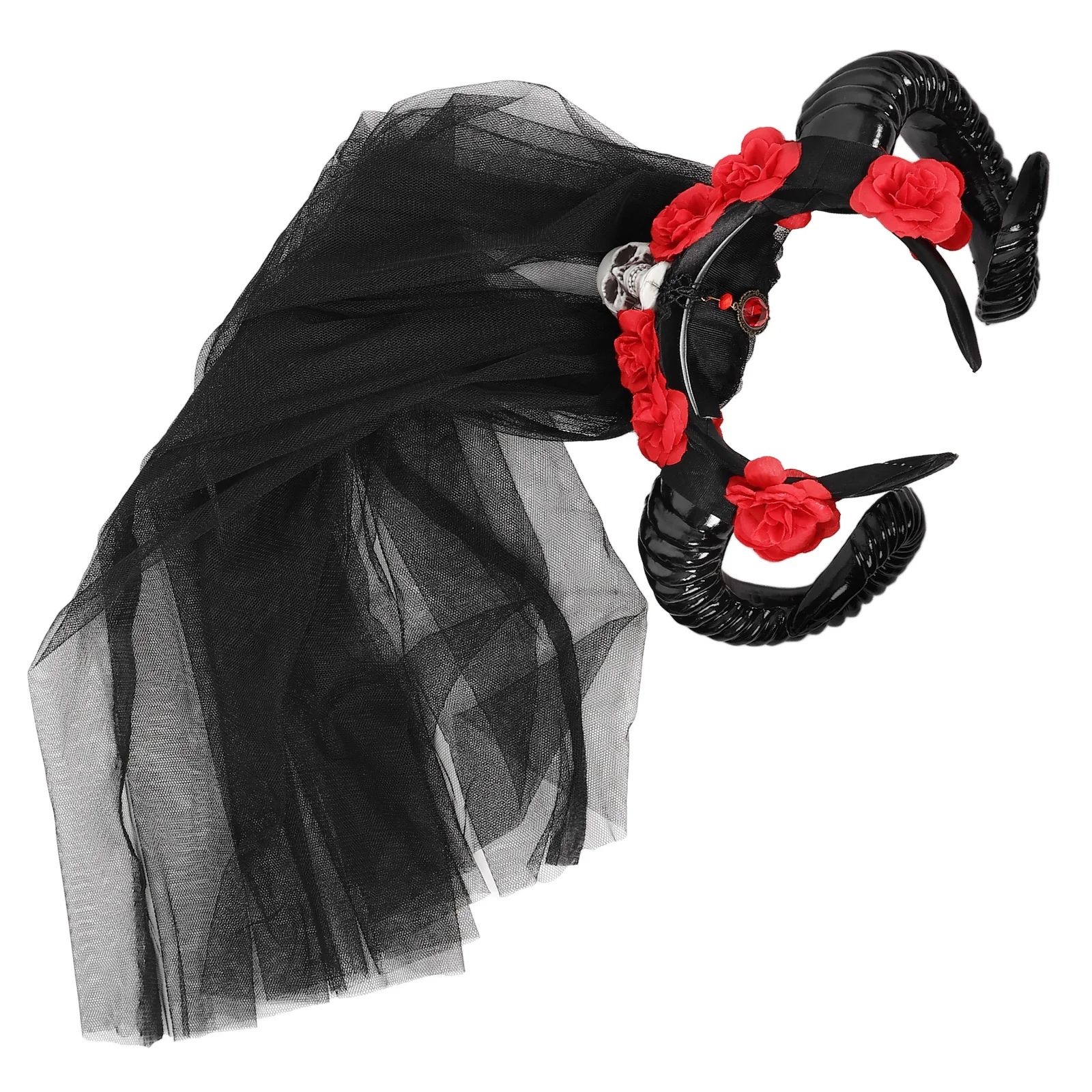 

Rose Skull Hoop 60CM Red FlowersSheep Horns Headband for Halloween Festival Headbands Party Decor Cosplay Costume Accessory