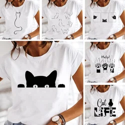 Black Cat Printed T Shirts for Women Clothing White Tee Y2k Short Sleeved Cute Graphic T Shirt Summer Oversized Casual Tshirt