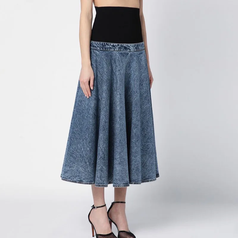 Runway New Knitted Thread Splicing Big Swing Denim Skirt Women Summer Fashion High Waist Retro Maxi Skirts High End Y2K Clothes