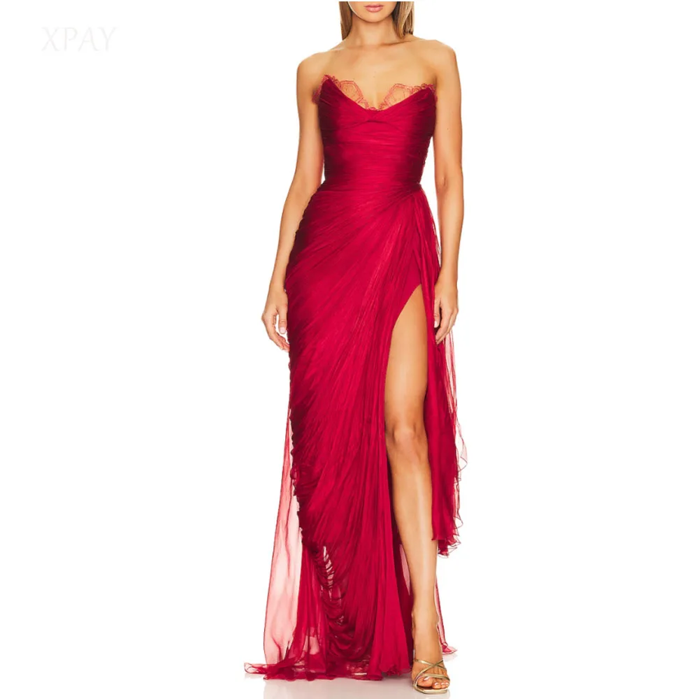 

XPAY Sexy Red Pleat Lace Prom Evening Dresses Side High Slit Sweetheart Evening Gowns Long Wedding Party Dress Back strap