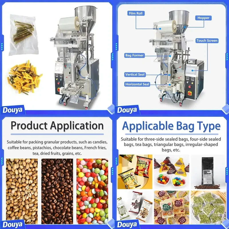 Machine d'emballage verticale automatique pour sachets alimentaires avec étiquetage, haute productivité, multifonctionnelle