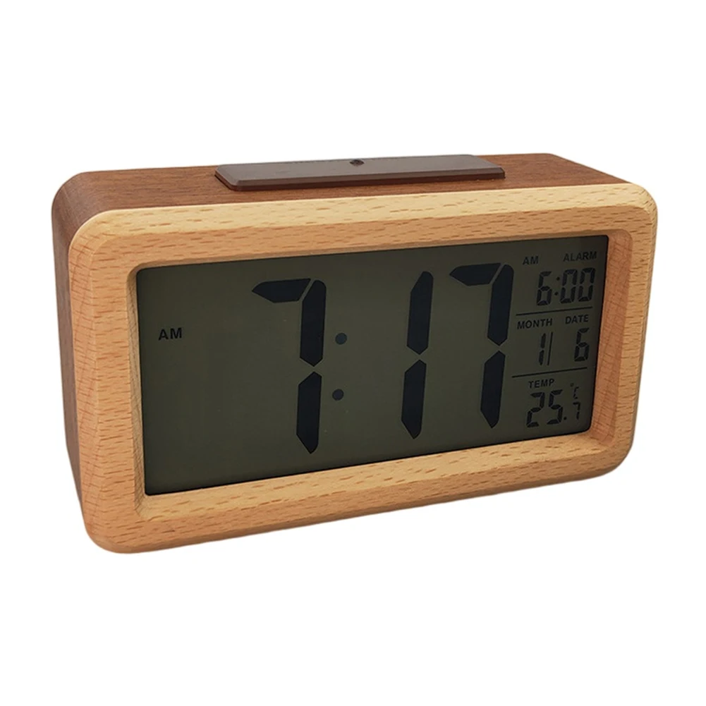 Minimalist Wooden Alarm Clock with LED Temperature and Time Display Adjustable Alarm Sound and Snooze Settings for Bedroom Use