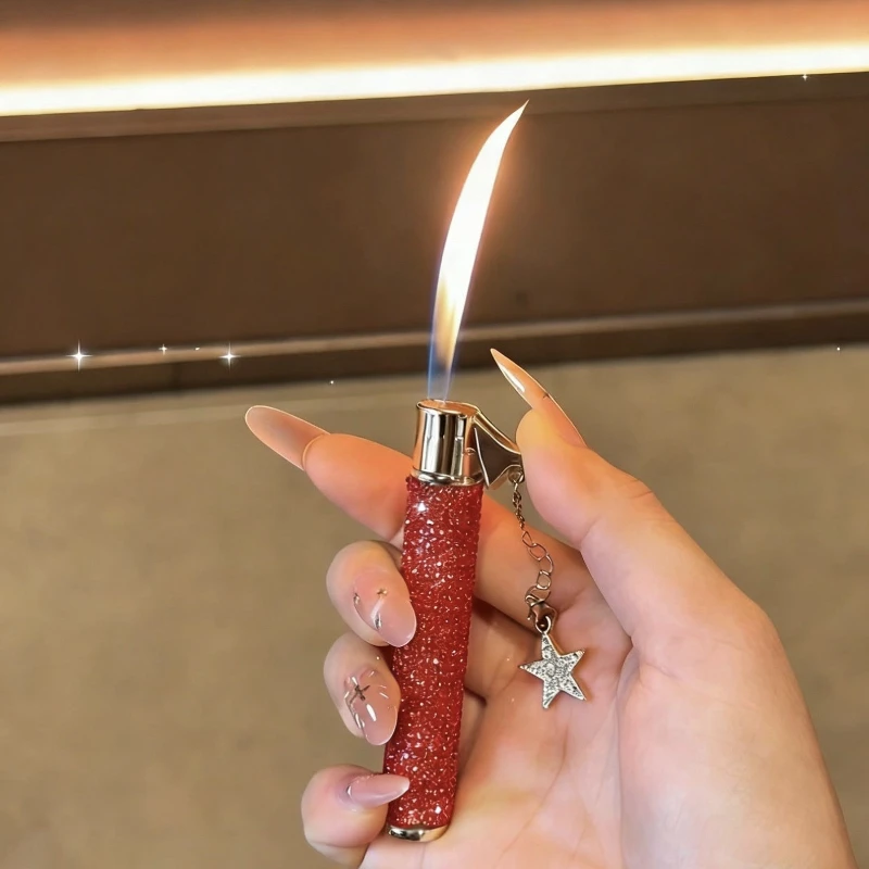 

New Handmade Diamond Exquisite Hanging Chain Inflatable Lighter Outdoor Mini Portable Butane Open Flame Lighter Women's Gift