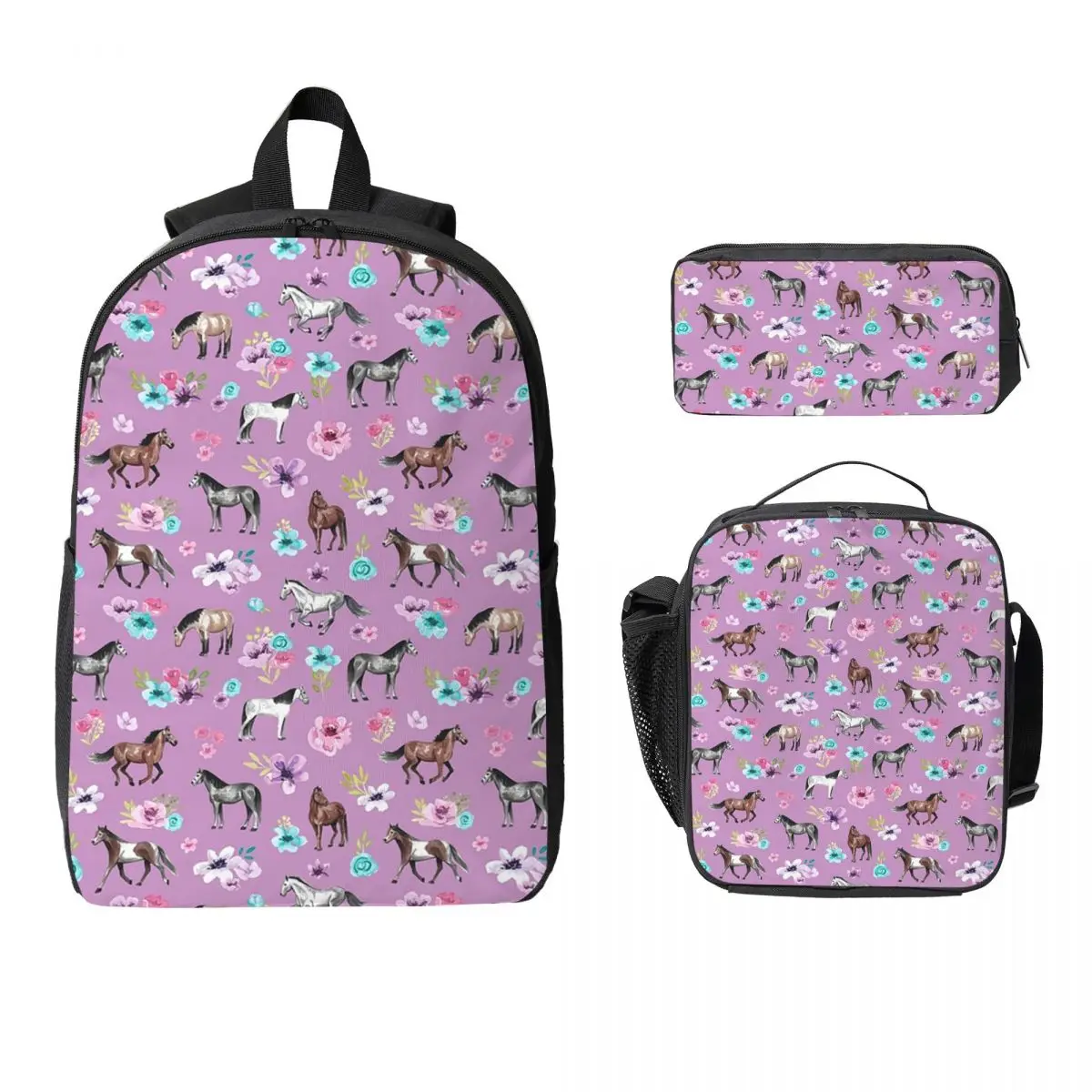 

Horses And Flowers Print, Horse Decor Backpack Boys Girls BookBag School Bag Shoulder Bags 3ps Insulated Lunch Bag Pencil Case
