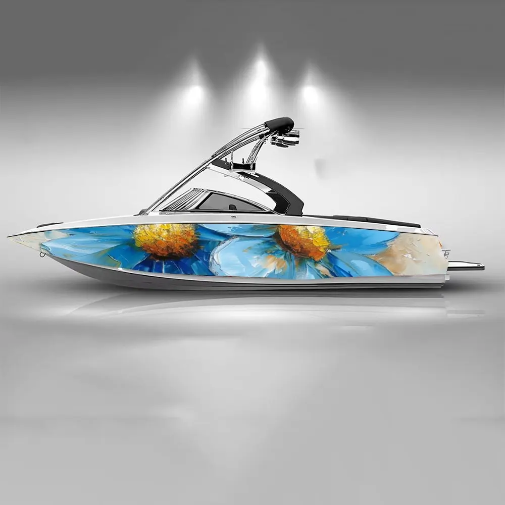 Blue Flower Oil Painting Style Beautiful Cool Boat Sticker Vinyl Ship Pontoon Deck Boat Fishing Decorative Pontoon Boats Decal