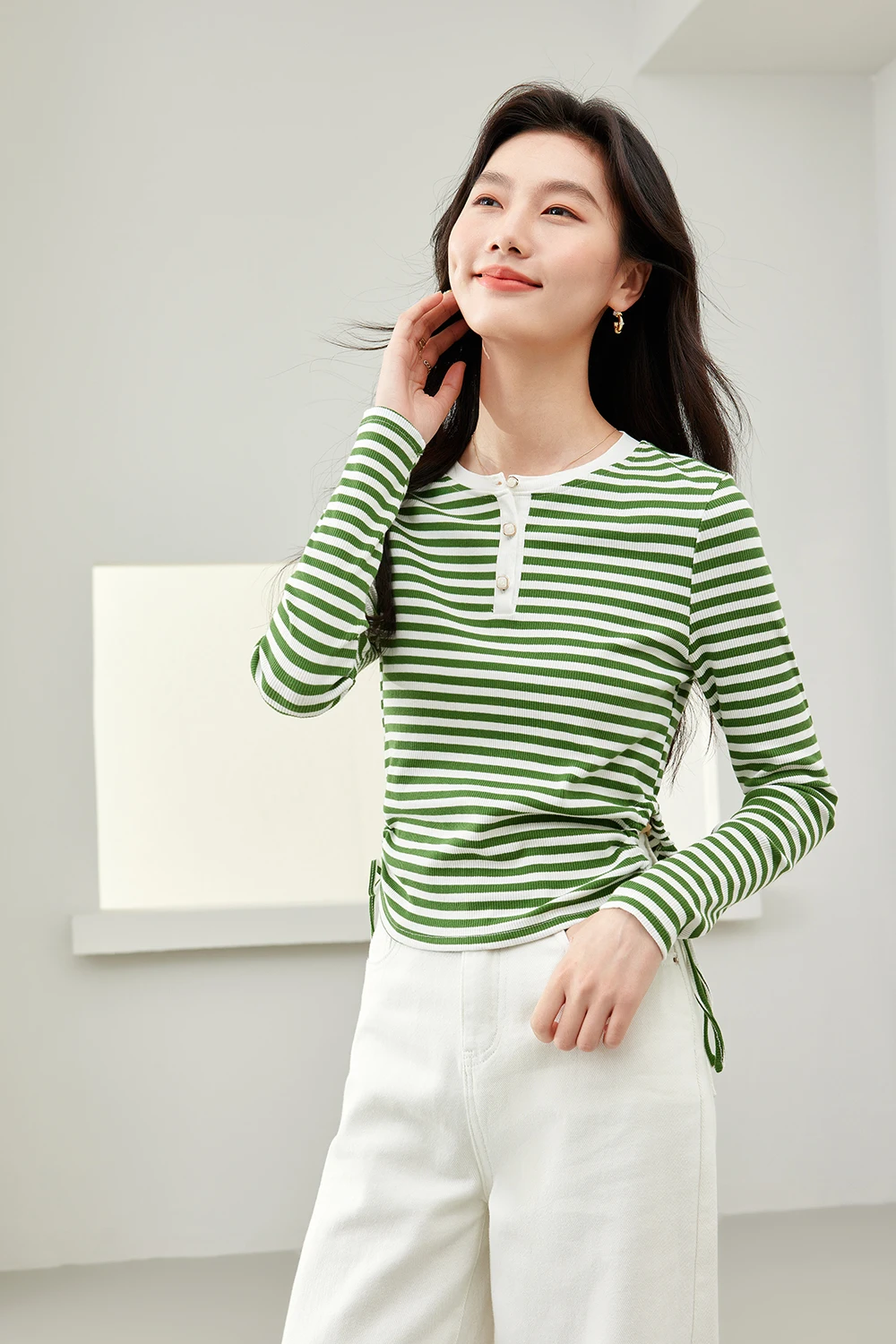 VIMLY Women's Fashion Commuter T-shirt Autumn New Simple Casual Round Neck Long Sleeve Striped Basic Blouse Top Winter