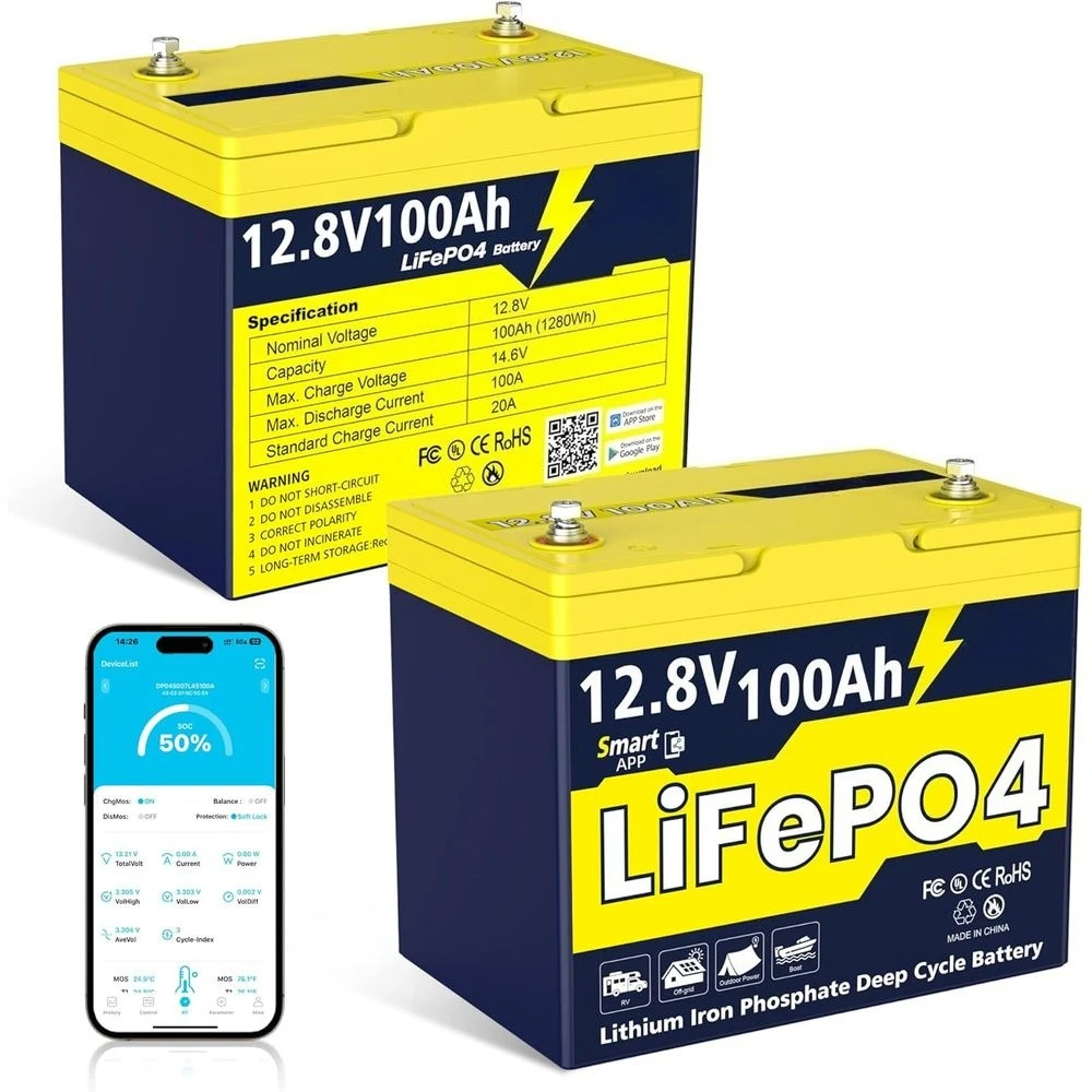 블루투스 기능이 있는 12V 100Ah LiFePO4 배터리, 그룹 24, 4S4P 지원, 온도 보호, 1280Wh 리튬 인산철 배터리