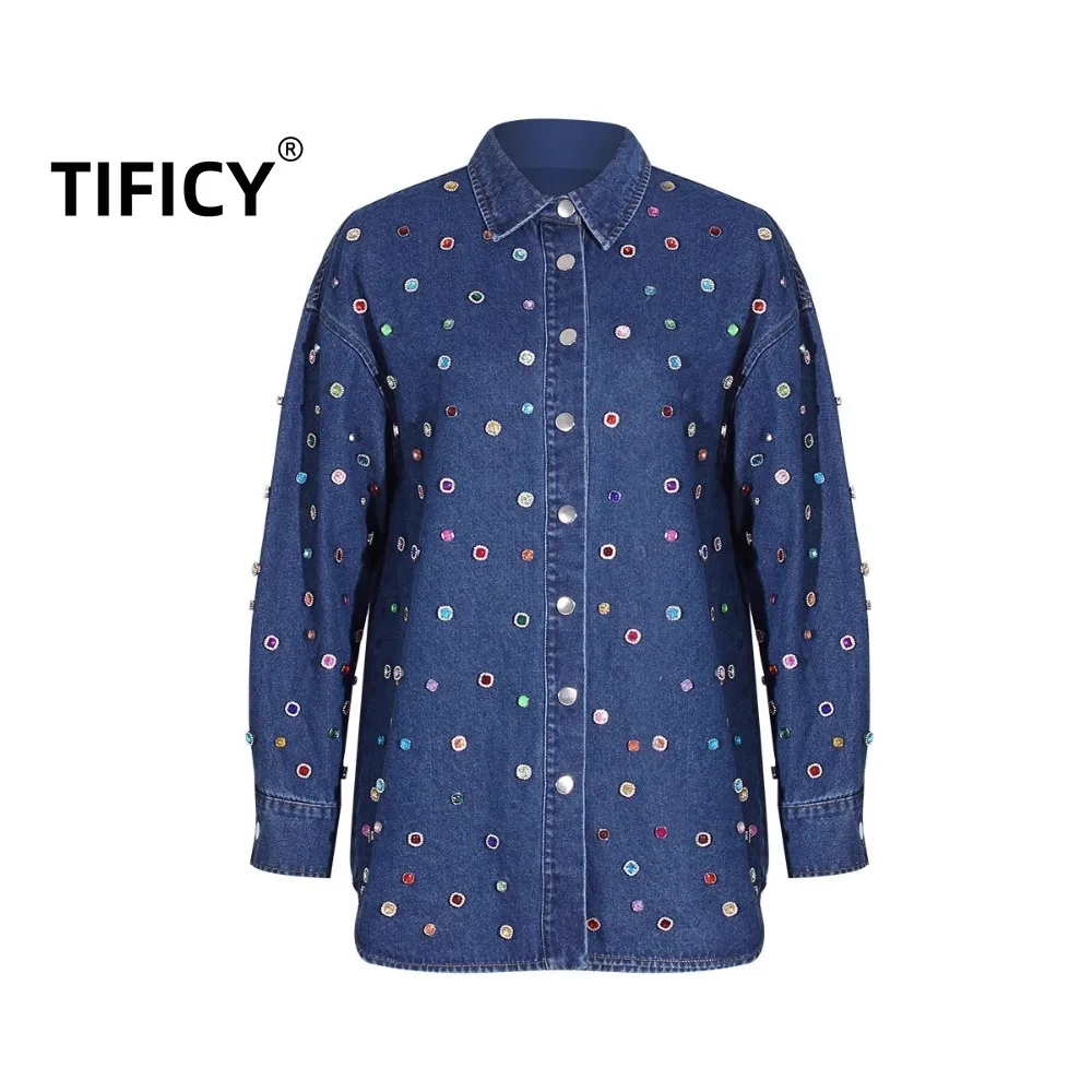 

Heavy Street Industry Nail Bead Denim Jacket Women's Long Pants Set Loose and Versatile Long Sleeved Cardigan