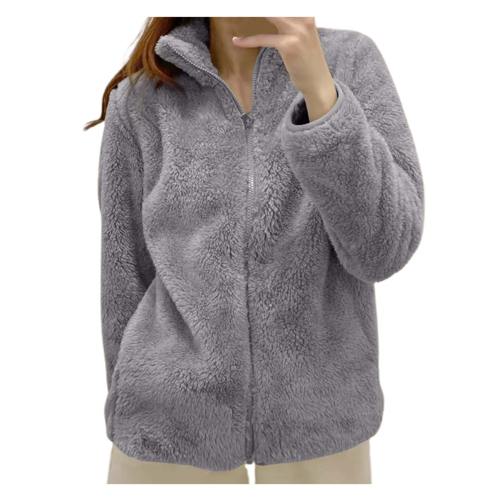 Chaqueta de lana acogedora con cuello levantado para mujer, ropa de abrigo sencilla de Color sólido, cremallera holgada, cómoda e informal con cremallera