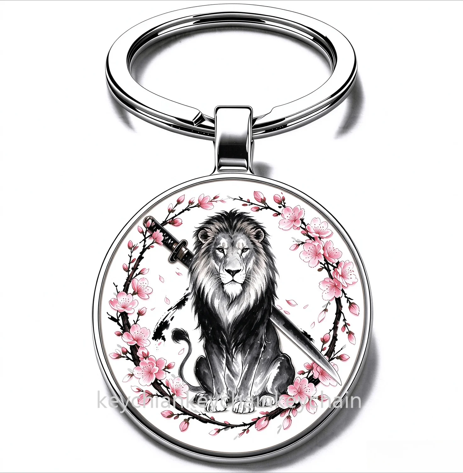 Japanese Lion Cherry Blossom Katana Keychain Samurai Sword Sakura Wreath Key Ring Car Bag Pendant Men Gift