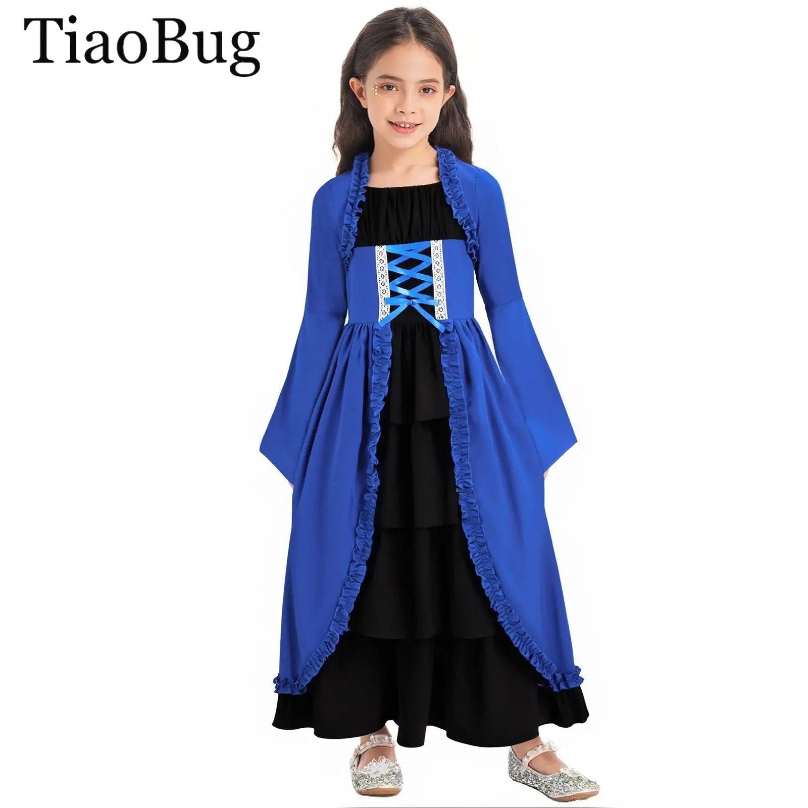 

Girls Medieval Renaissance Gown Costumes Flare Sleeve Victorian Royalty Princess Dress Halloween Cosplay Steampunk Gothic Robe
